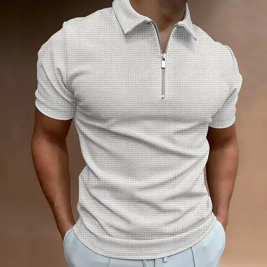 Polo de manga corta con cremallera y diseño de gofres para hombre, novedad de verano