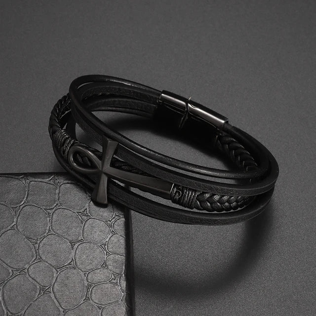 Pulsera clásica de cuero multicapa tejida a mano