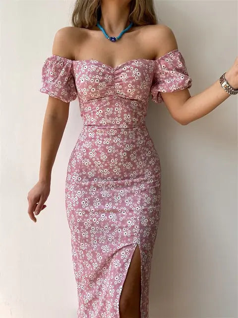 Vestido de fiesta cruzado hasta la cadera con manga corta y estampado floral