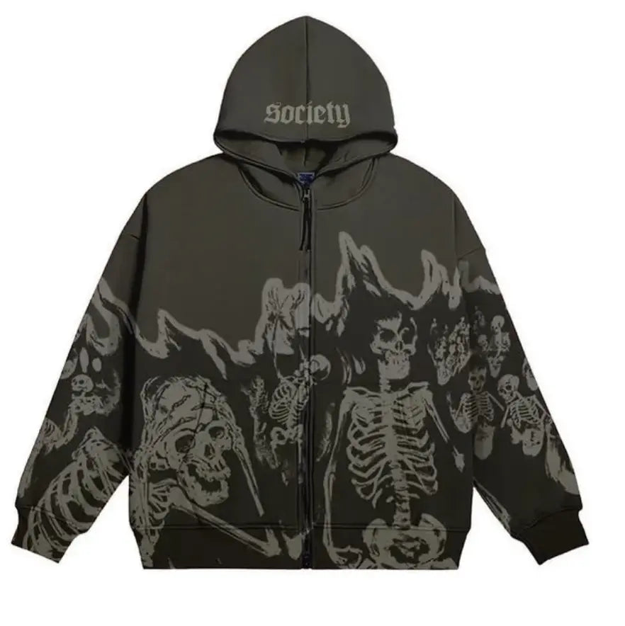 Sudadera con capucha y cremallera con esqueleto de llamas