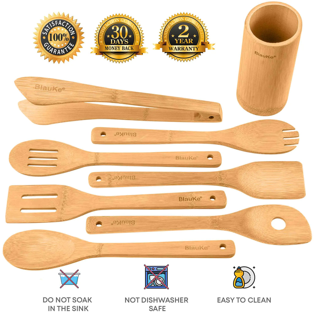 Juego de utensilios de cocina de bambú, paquete de 8: utensilios de cocina de madera antiadherentes: cucharas de cocina de madera, espátulas, espátulas, pinzas y soporte para utensilios