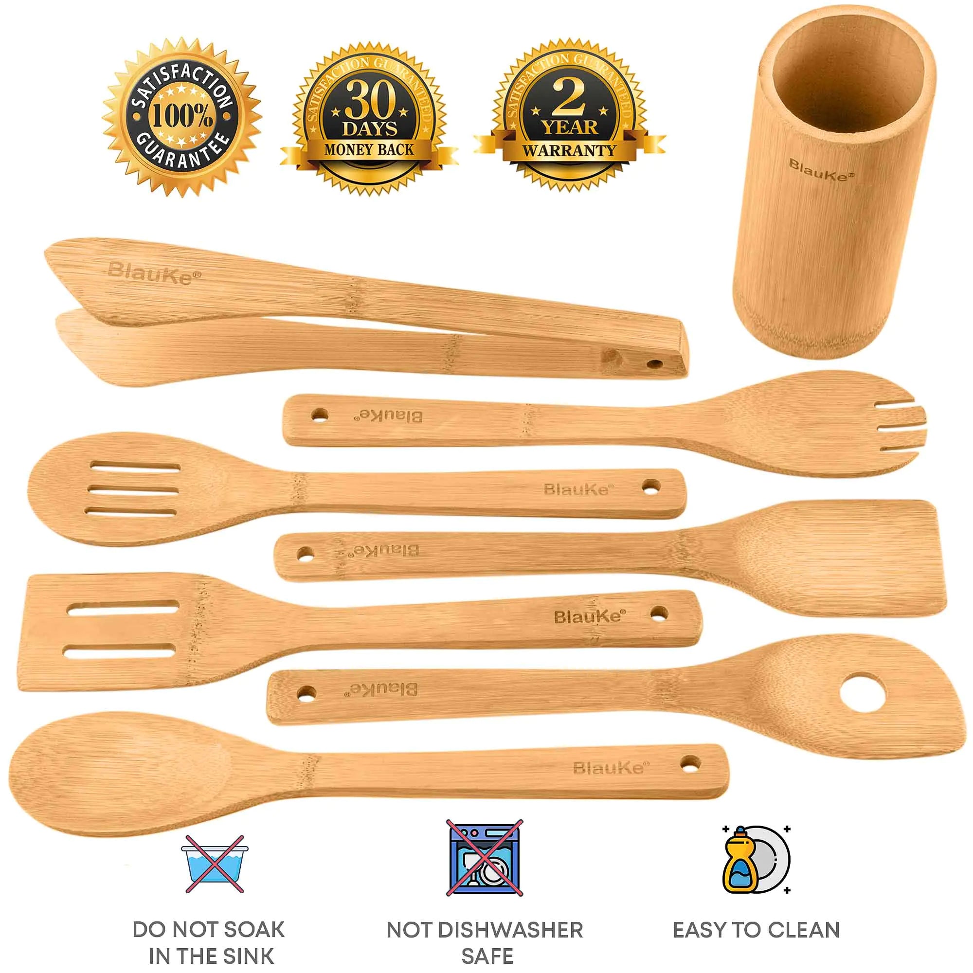 Juego de utensilios de cocina de bambú, paquete de 8: utensilios de cocina de madera antiadherentes: cucharas de cocina de madera, espátulas, espátulas, pinzas y soporte para utensilios