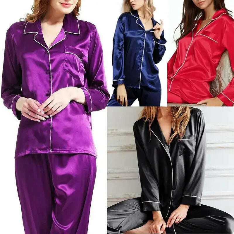 Nuevo conjunto de pijama de satén elegante e informal para mujer