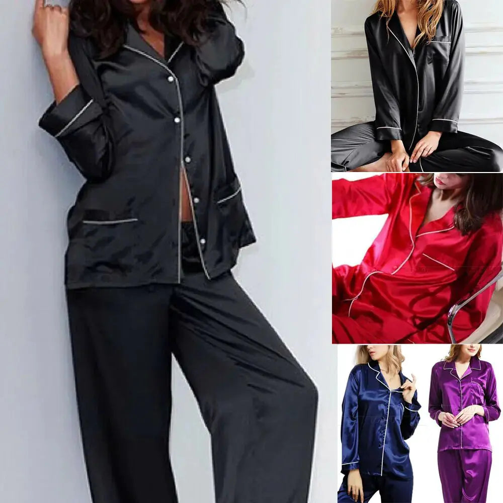 Nuevo conjunto de pijama de satén elegante e informal para mujer
