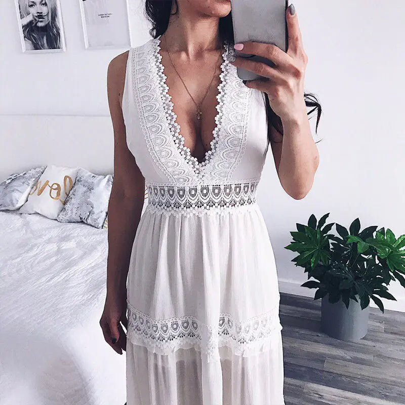 Vestido largo de encaje con escote en V profundo y sexy