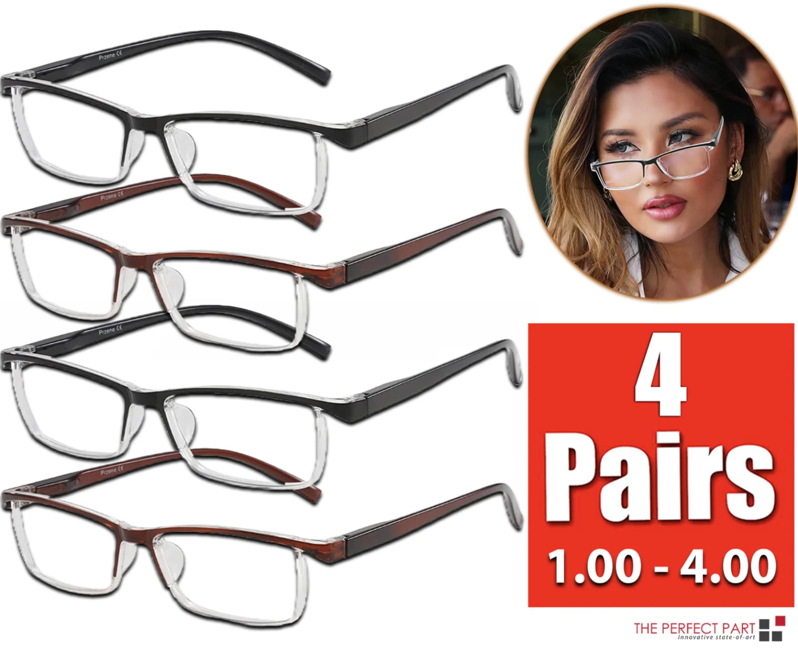 Paquete de 4 pares de gafas de lectura unisex con montura cuadrada y bisagra de resorte para hombre y mujer