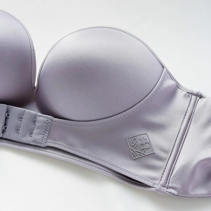 Sujetador push-up con hebilla delantera y trasera: diseño sin tirantes en V profundo, sin aros, lencería gruesa