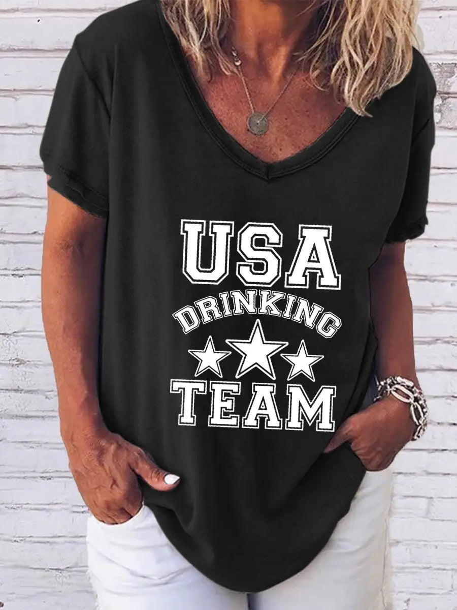 Camiseta estampada para mujer con el "Equipo de bebedores de EE. UU."