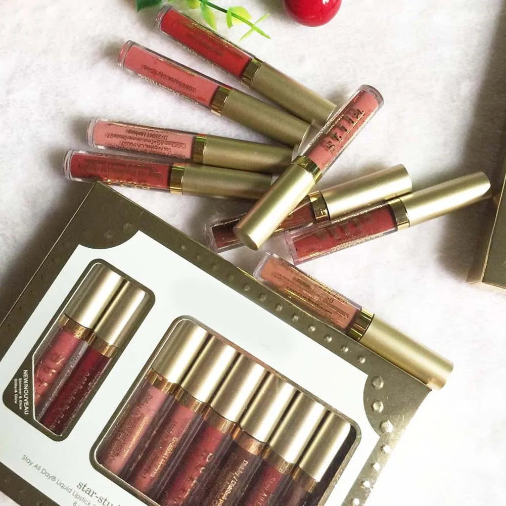 8 piezas de brillo de labios profesional, maquillaje resistente al agua, lápiz labial mate no pegajoso