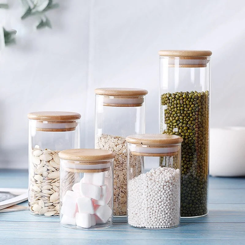 Recipientes para almacenar alimentos de vidrio de borosilicato recubierto de bambú