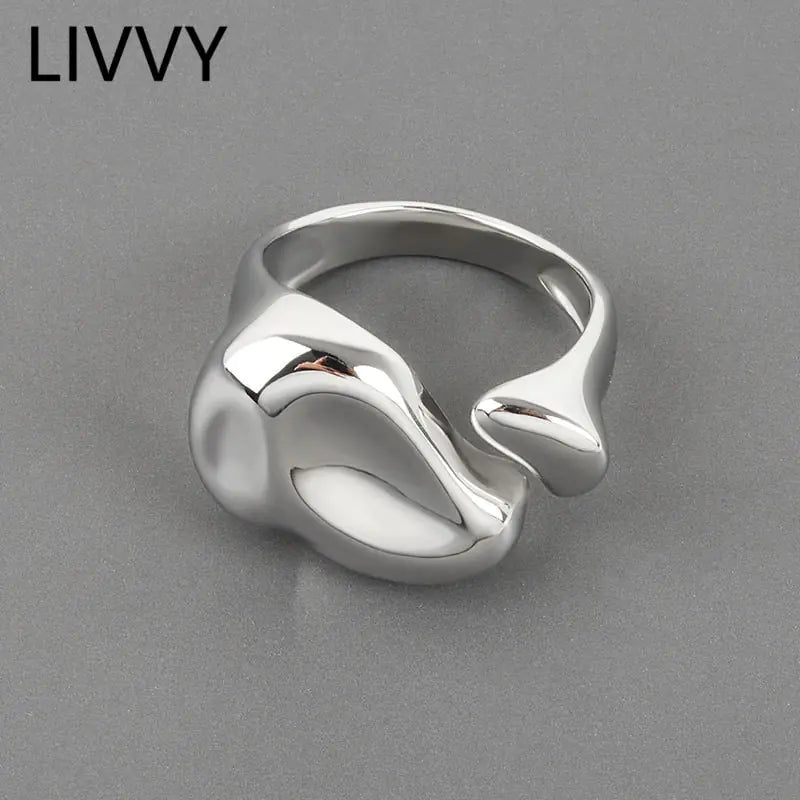 LIVVY Anillo abierto de ancho irregular de color plateado para mujer, nueva moda creativa, joyería vintage punk para fiestas, regalos