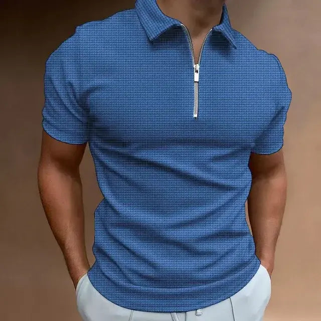 Polo de manga corta con cremallera y diseño de gofres para hombre, novedad de verano