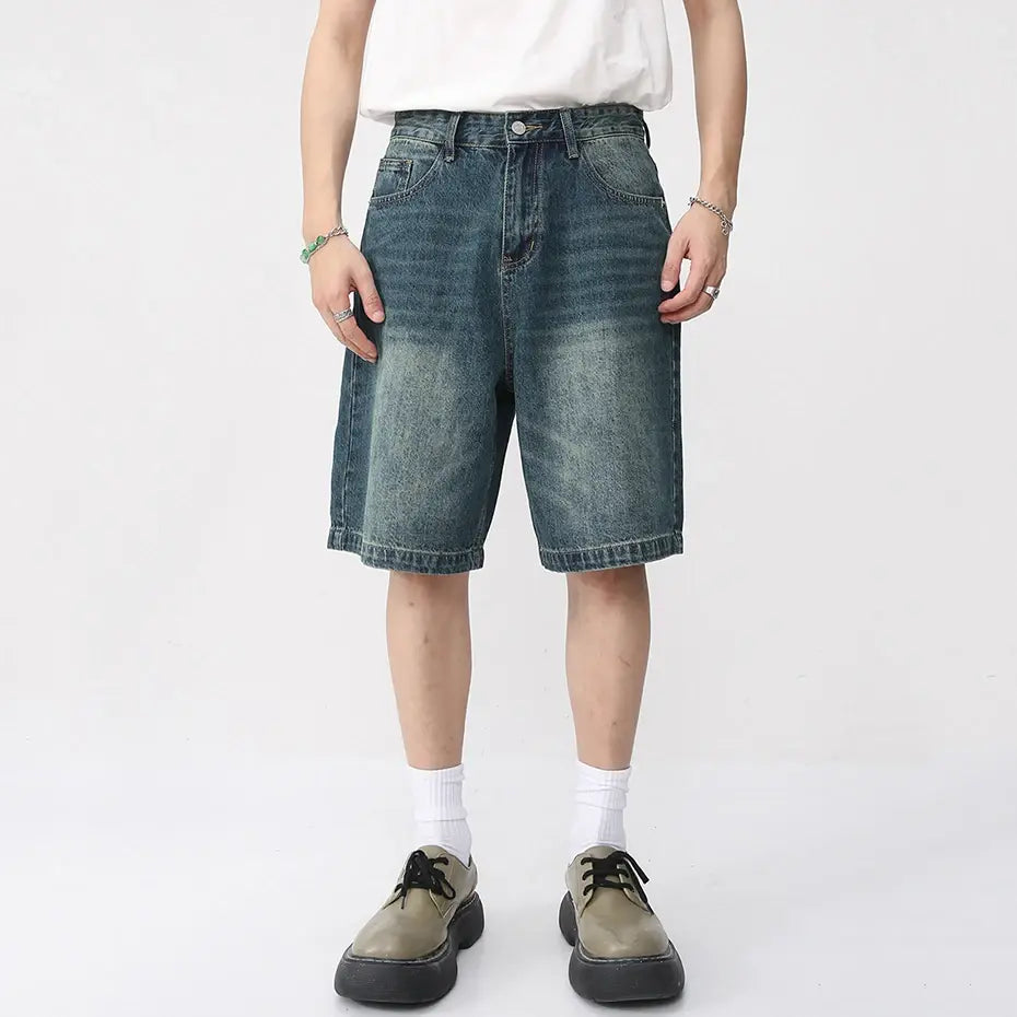 Pantalones cortos de mezclilla azules vintage para hombre, casuales y holgados