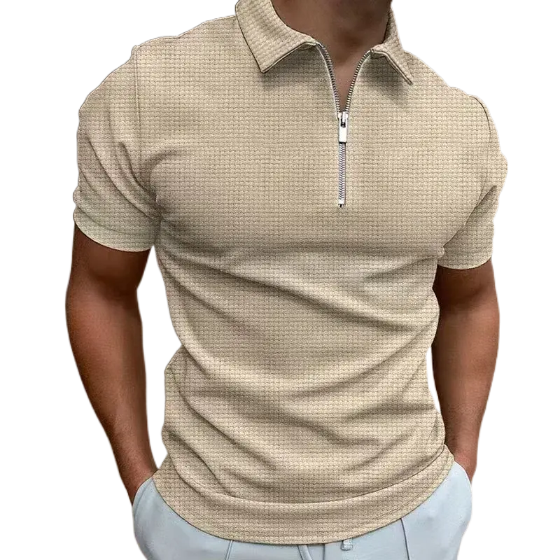 Polo de manga corta con cremallera y diseño de gofres para hombre, novedad de verano