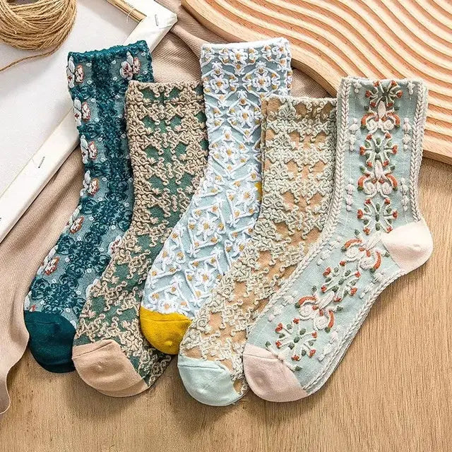 5 pares de calcetines con bordado de flores vintage