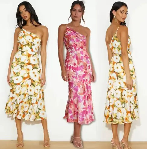 Elegante vestido midi de un solo hombro con estampado floral
