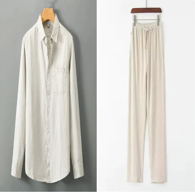 Camisa de lino con cuello alto y efecto ventilado