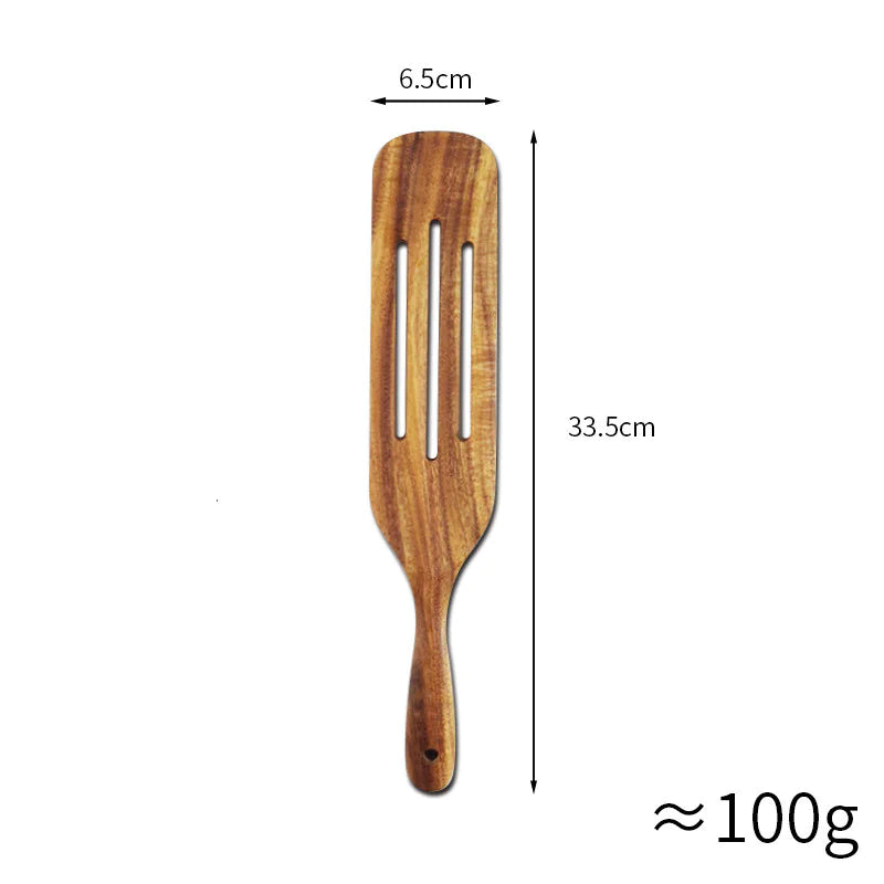 Juego de espátula de cocina de mango largo de madera de teca y acacia: ¡perfecta para mezclar y servir con estilo!
