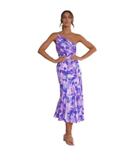 Elegante vestido midi de un solo hombro con estampado floral