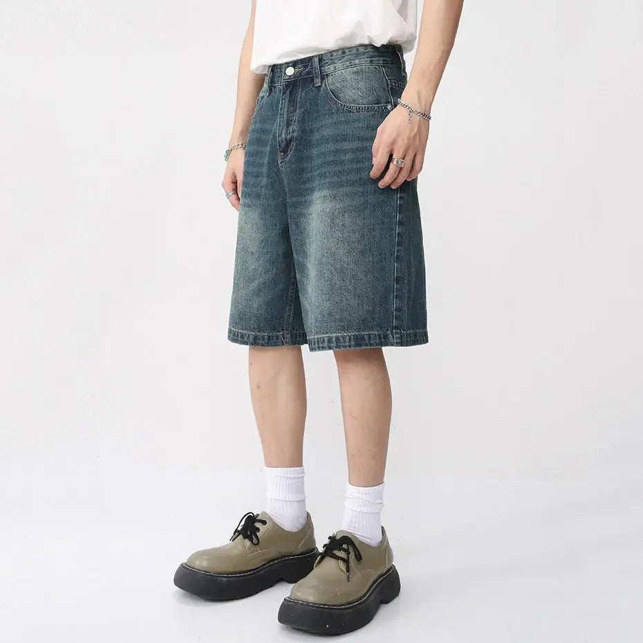 Pantalones cortos de mezclilla azules vintage para hombre, casuales y holgados