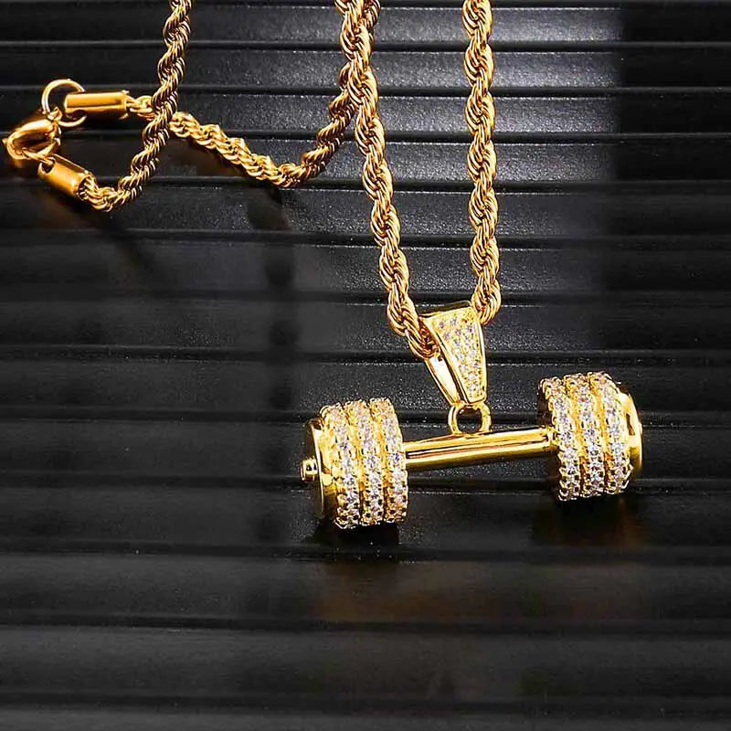 Mancuernas de gimnasio con cadena de cuerda y diamantes de imitación brillantes estilo hip hop