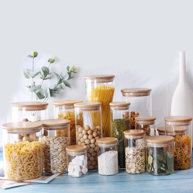 Recipientes para almacenar alimentos de vidrio de borosilicato recubierto de bambú