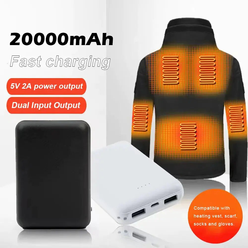 Banco de energía de 20000 mAh, cargador USB portátil, paquete de batería externa de carga rápida para calentar chalecos, chaquetas, bufandas, calcetines, guantes, equipo