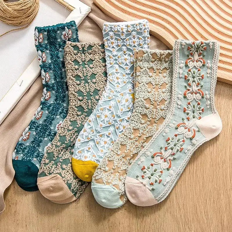 5 pares de calcetines con bordado de flores vintage