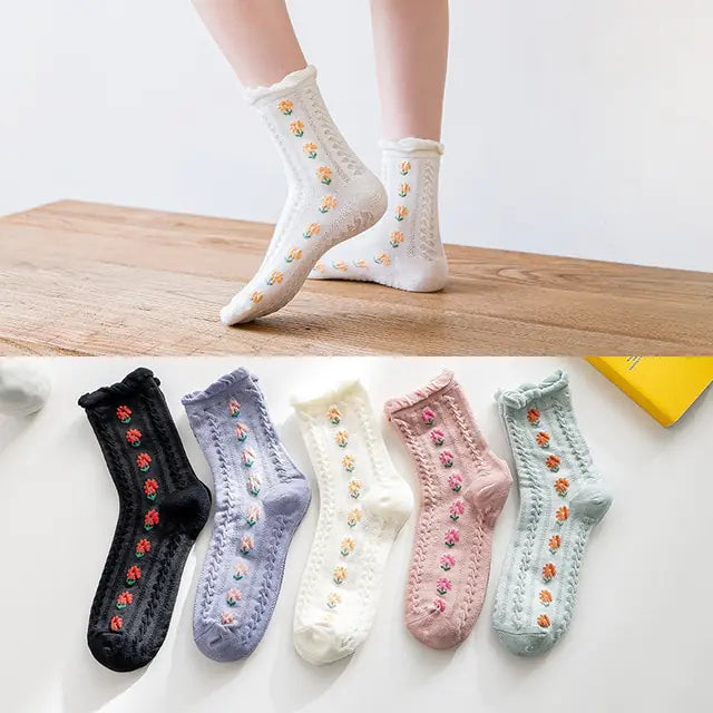 5 pares de calcetines con bordado de flores vintage