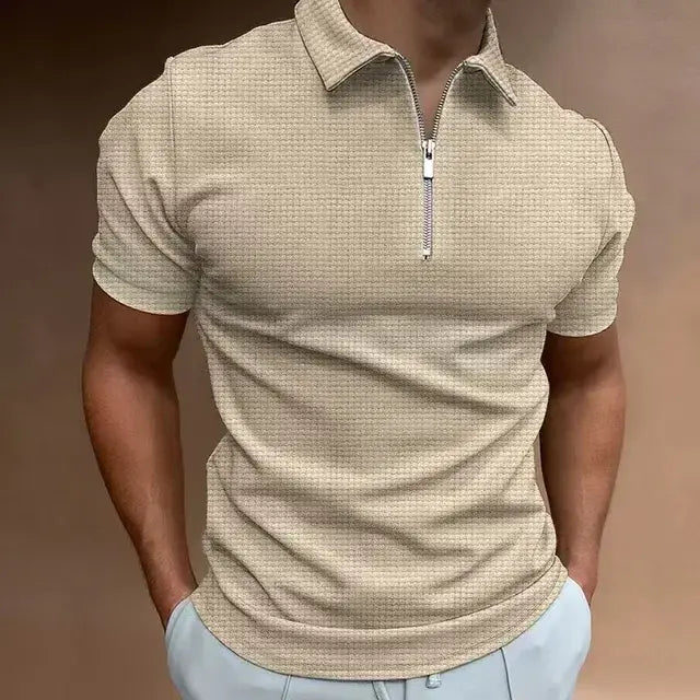 Polo de manga corta con cremallera y diseño de gofres para hombre, novedad de verano