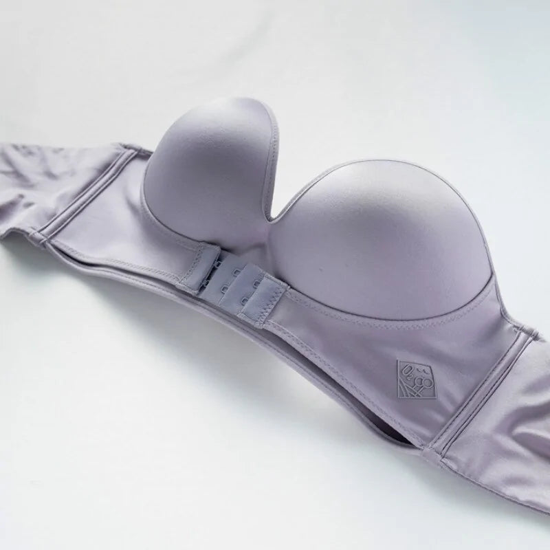 Sujetador push-up con hebilla delantera y trasera: diseño sin tirantes en V profundo, sin aros, lencería gruesa