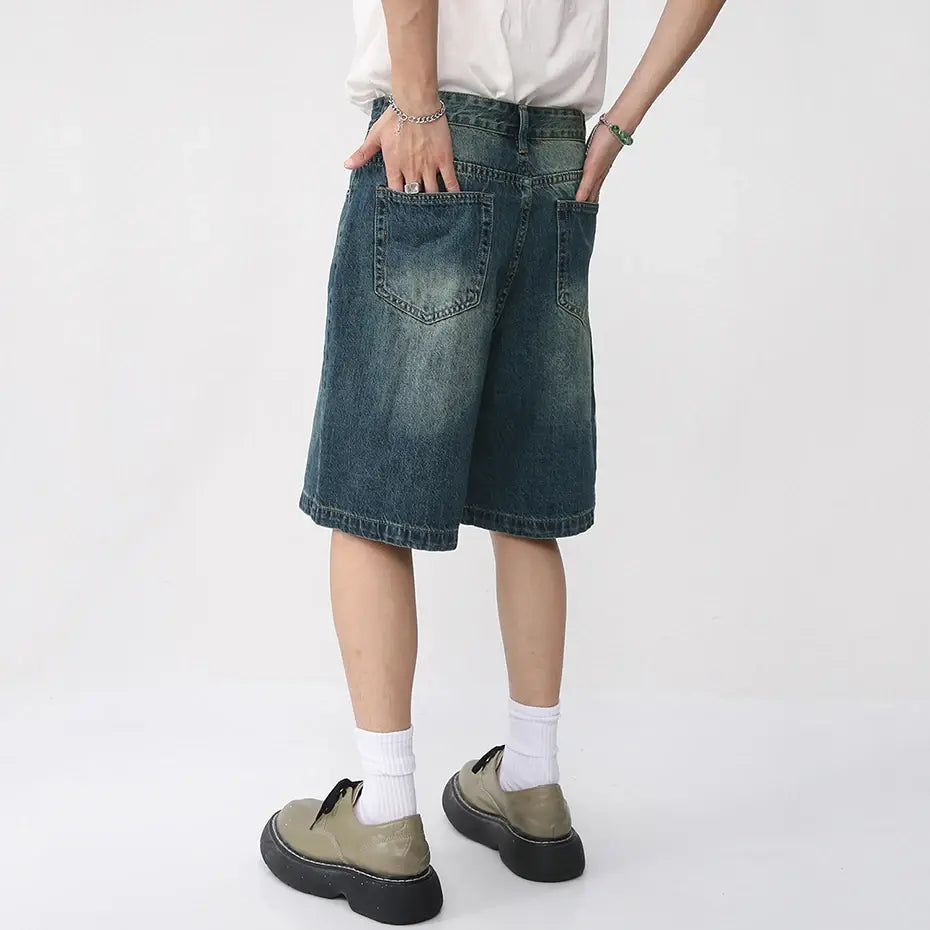 Pantalones cortos de mezclilla azules vintage para hombre, casuales y holgados