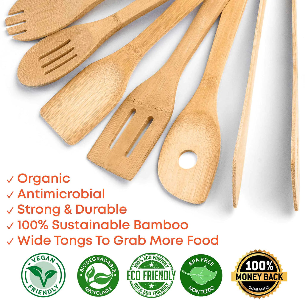 Juego de utensilios de cocina de bambú, paquete de 8: utensilios de cocina de madera antiadherentes: cucharas de cocina de madera, espátulas, espátulas, pinzas y soporte para utensilios