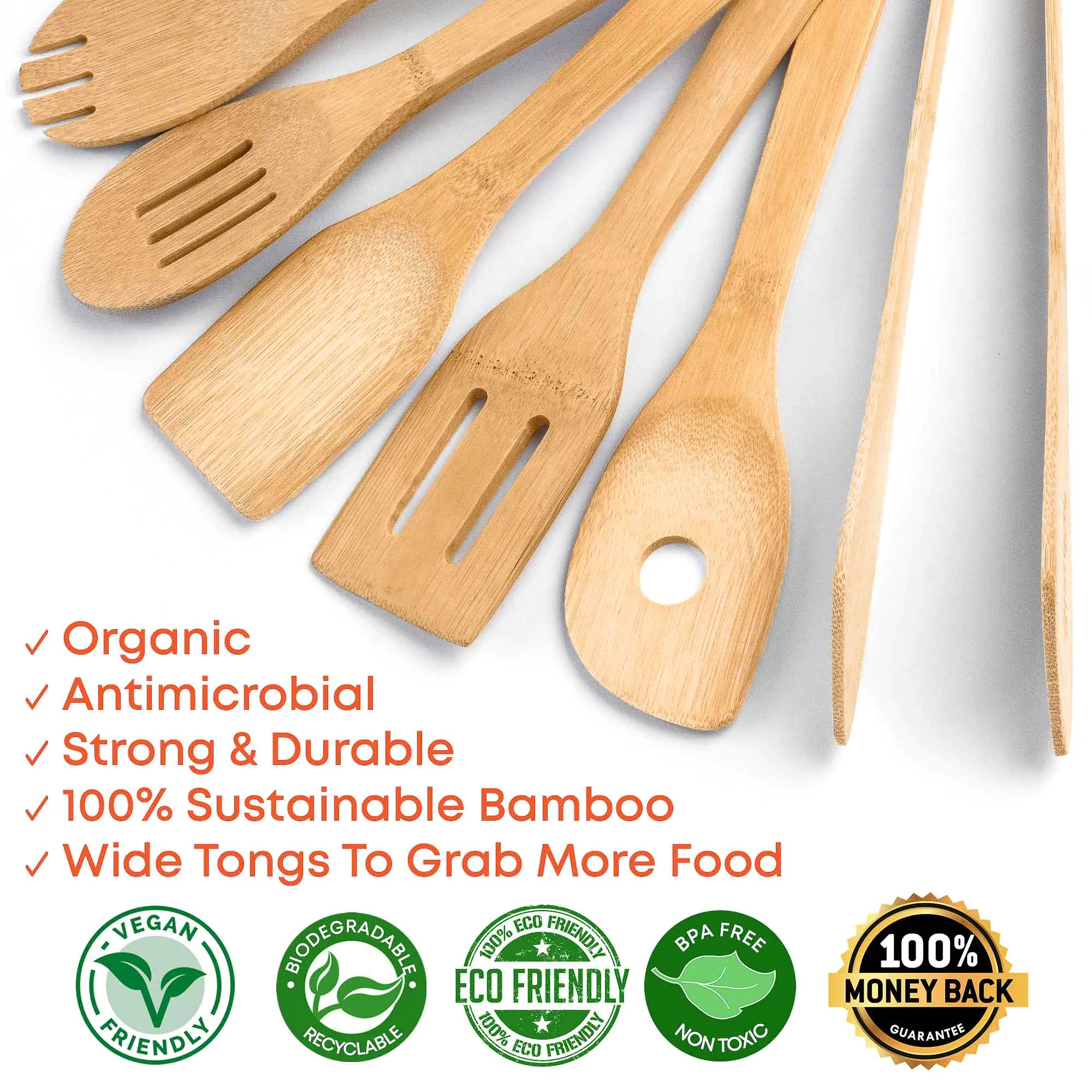 Juego de utensilios de cocina de bambú, paquete de 8: utensilios de cocina de madera antiadherentes: cucharas de cocina de madera, espátulas, espátulas, pinzas y soporte para utensilios