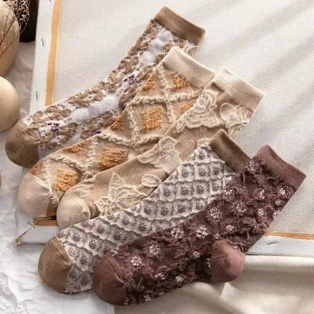 5 pares de calcetines con bordado de flores vintage