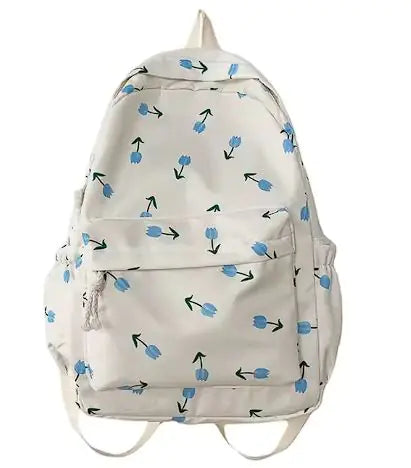 Mochila escolar blanca con estampado floral