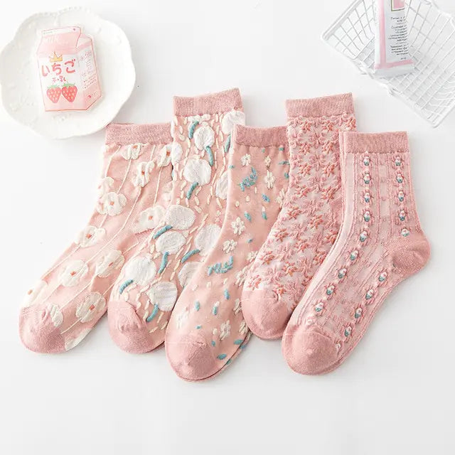 5 pares de calcetines con bordado de flores vintage