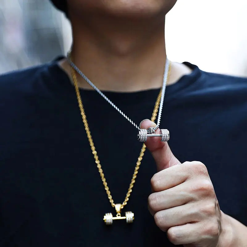 Mancuernas de gimnasio con cadena de cuerda y diamantes de imitación brillantes estilo hip hop