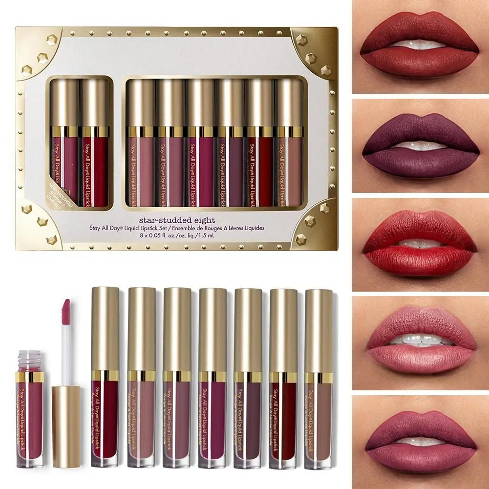 8 piezas de brillo de labios profesional, maquillaje resistente al agua, lápiz labial mate no pegajoso