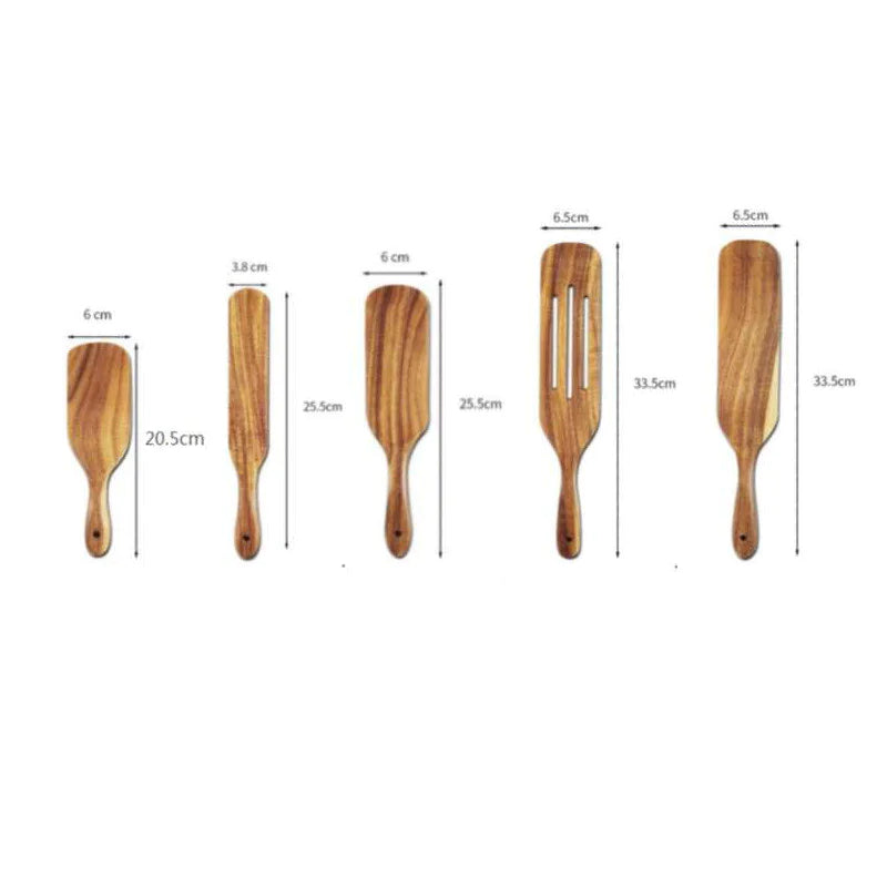 Juego de espátula de cocina de mango largo de madera de teca y acacia: ¡perfecta para mezclar y servir con estilo!
