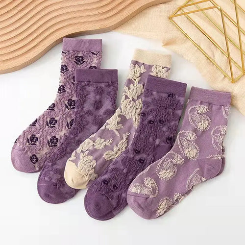 5 pares de calcetines con bordado de flores vintage