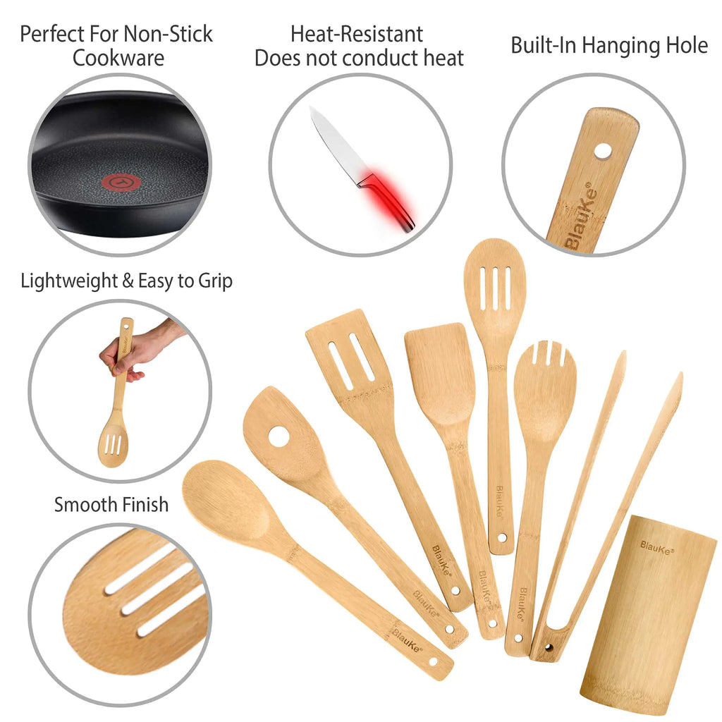 Juego de utensilios de cocina de bambú, paquete de 8: utensilios de cocina de madera antiadherentes: cucharas de cocina de madera, espátulas, espátulas, pinzas y soporte para utensilios