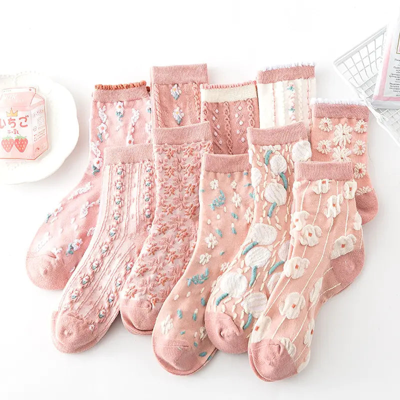 5 pares de calcetines con bordado de flores vintage