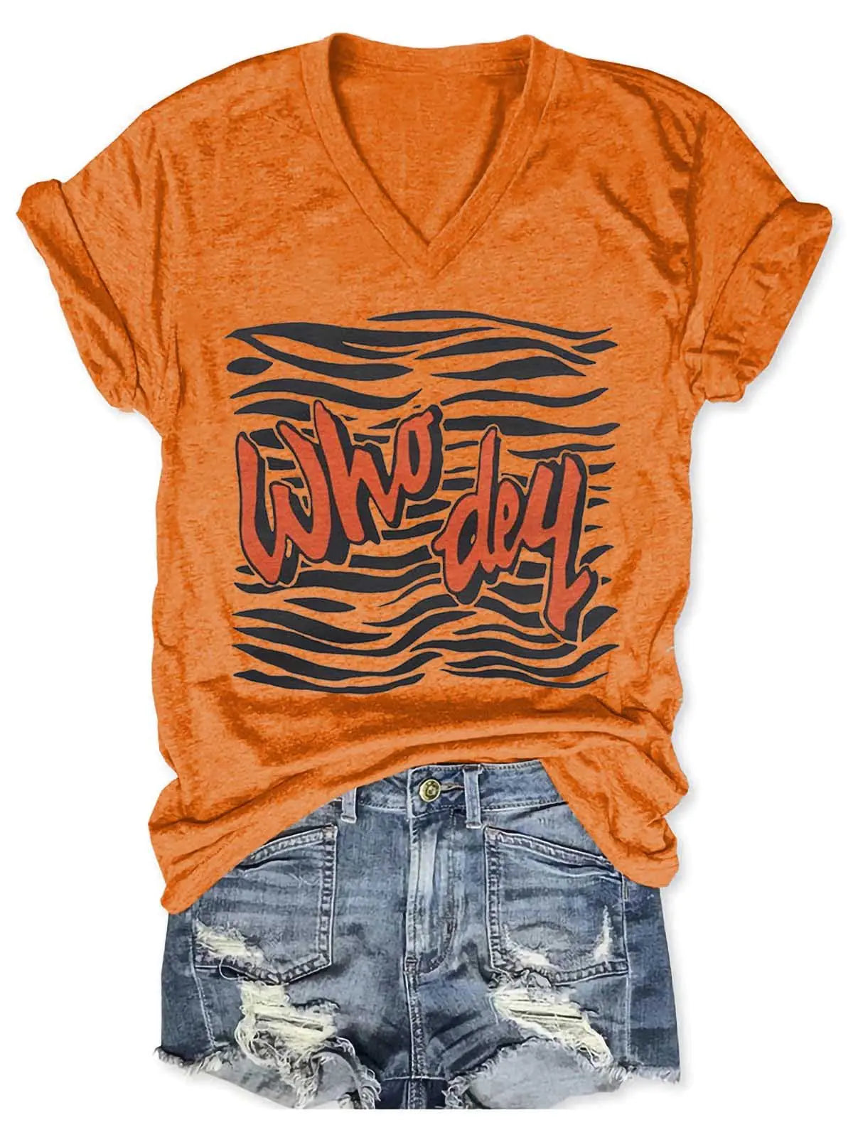 Camiseta con cuello en V de mujer que dice tigre