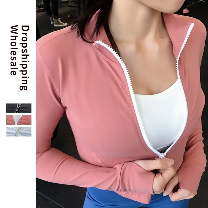 Tops cortos deportivos de manga larga con cremallera ajustada para mujer para correr en el gimnasio