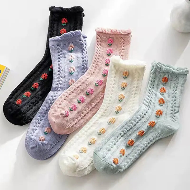 5 pares de calcetines con bordado de flores vintage