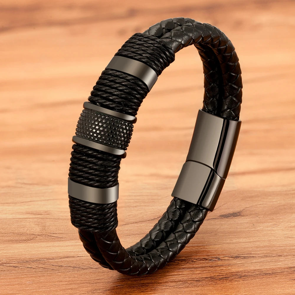Pulsera de cuero tejido de doble capa para hombre XQNI
