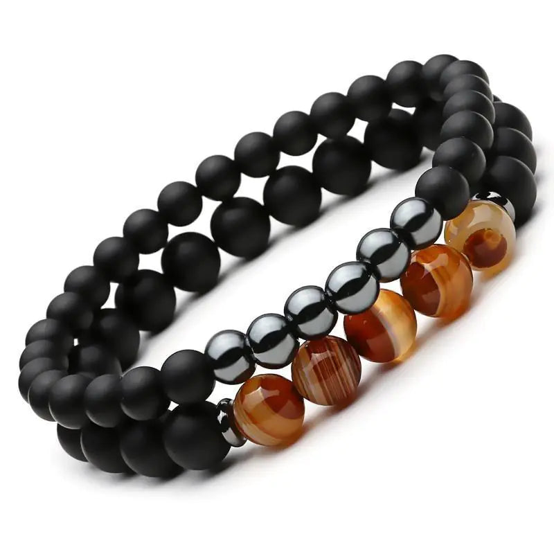 Pulsera doble de cuentas de Buda con mantra de hematita negra y cuentas de piedra natural