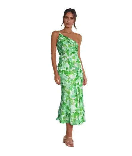 Elegante vestido midi de un solo hombro con estampado floral
