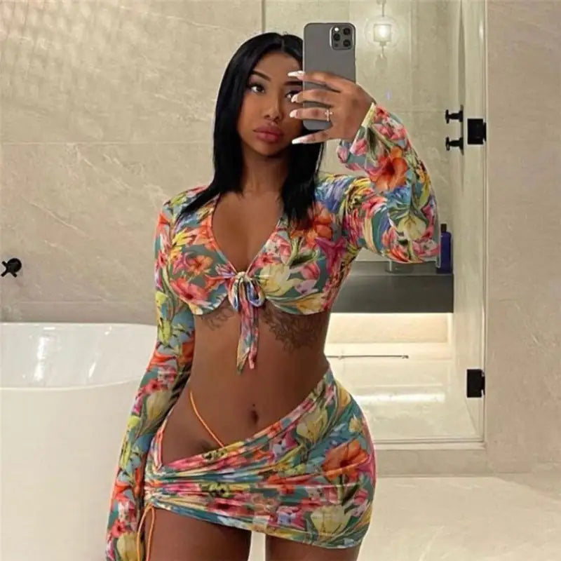 Conjunto de falda de malla floral